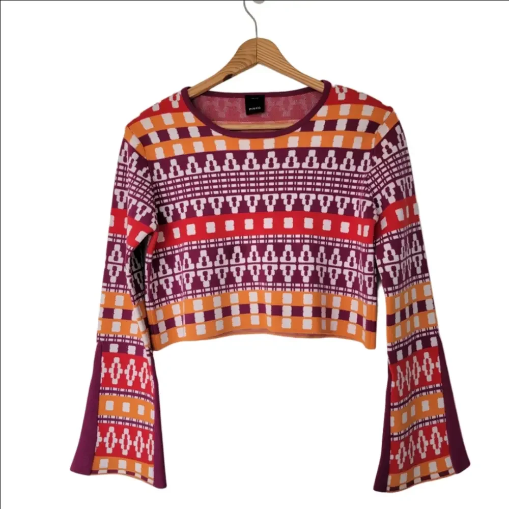 Colorful Patterned Cropped Sweater Top - Red, Purple & Orange